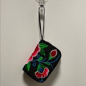 Floral Embroidered Black Wristlet